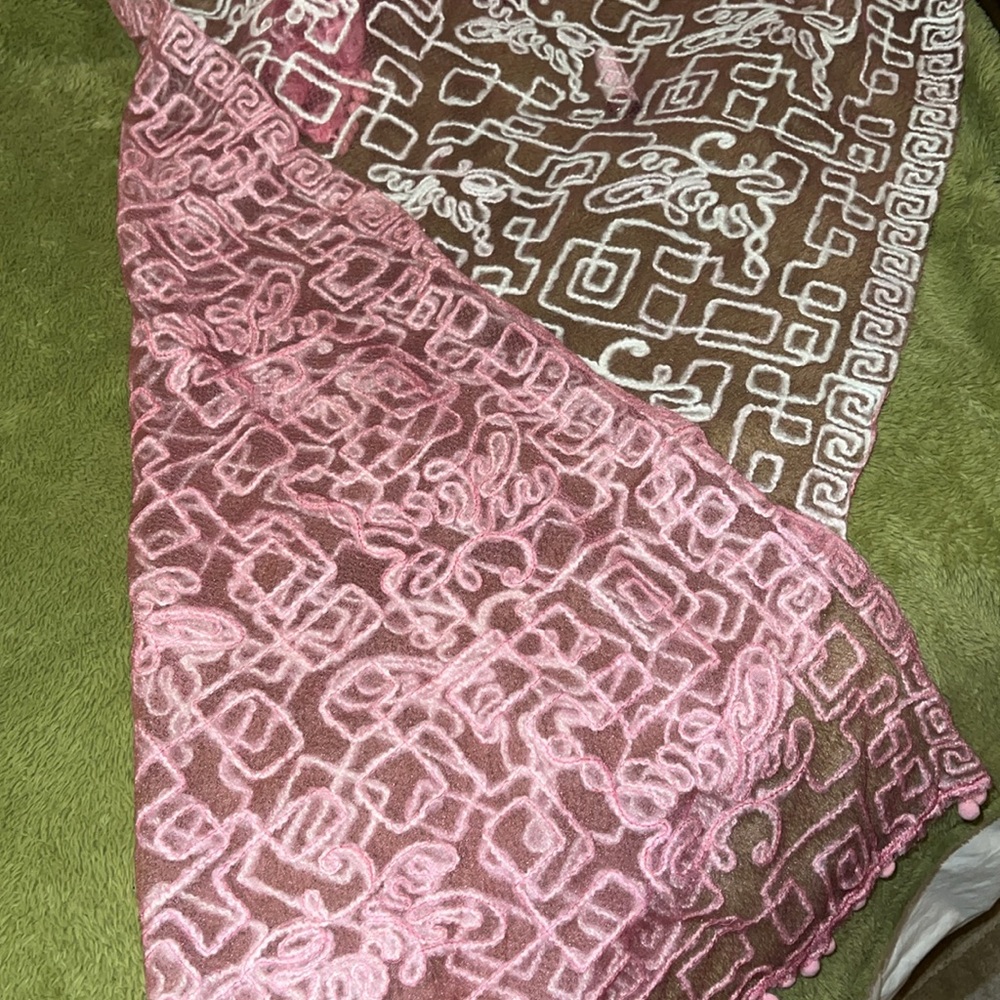 Sheer pink fabric woven with wool shawl scarf with wool pom pom accents